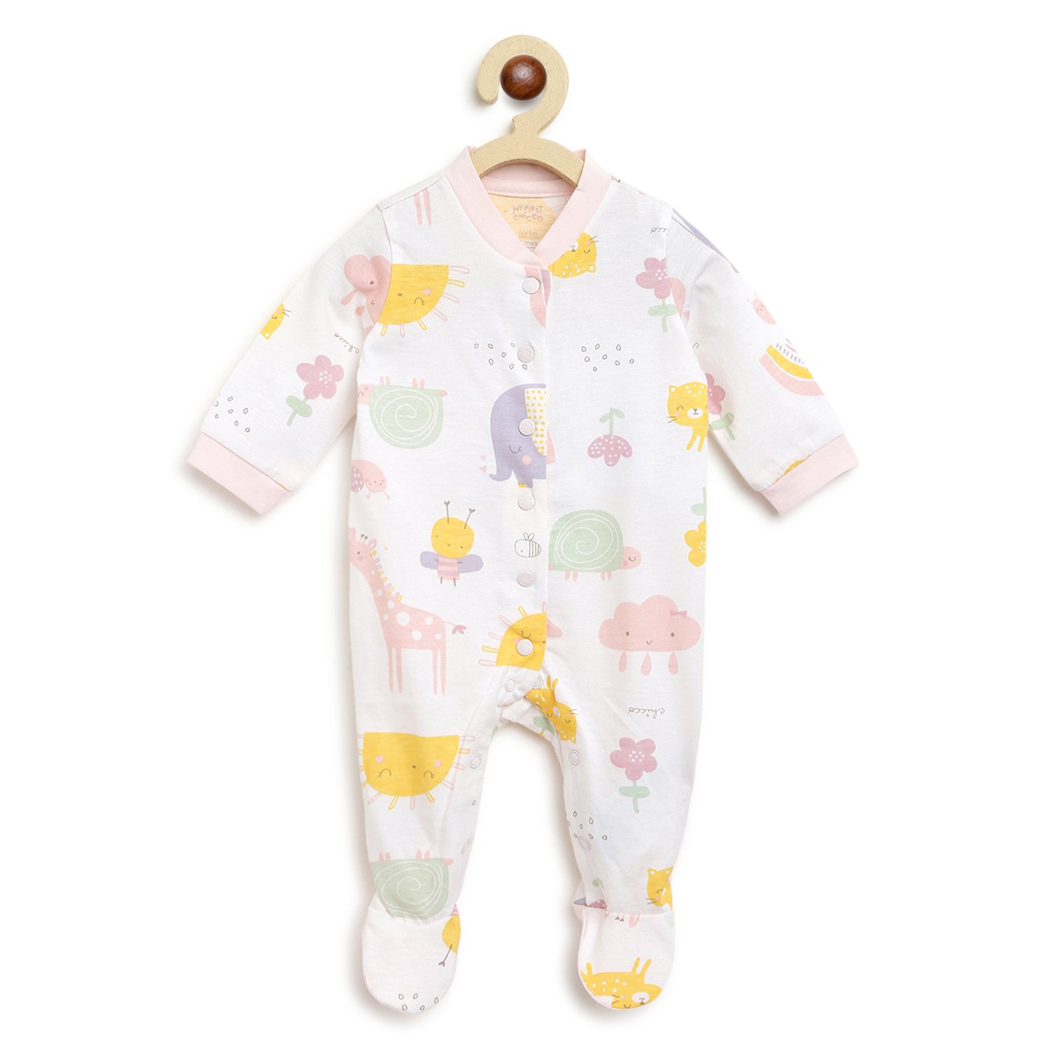 Printed Long-Sleeve Babysuit White-Pink